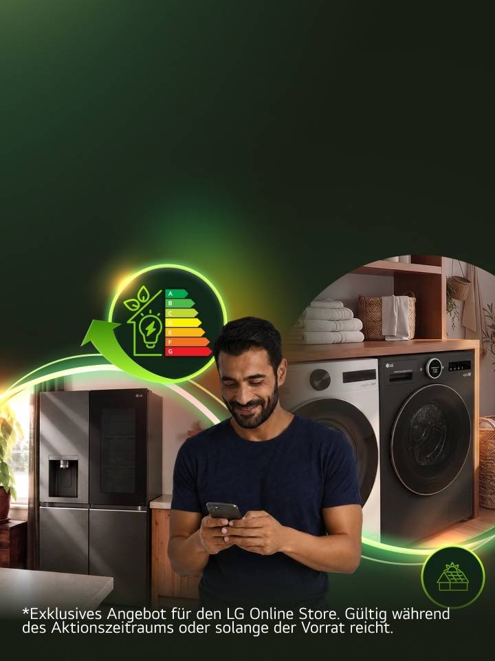 Mann mit Smartphone in einem modernen Waschraum mit LG Waschmaschine, Trockner und Kühlschrank, umgeben von Grafiken zur Energieeffizienz.