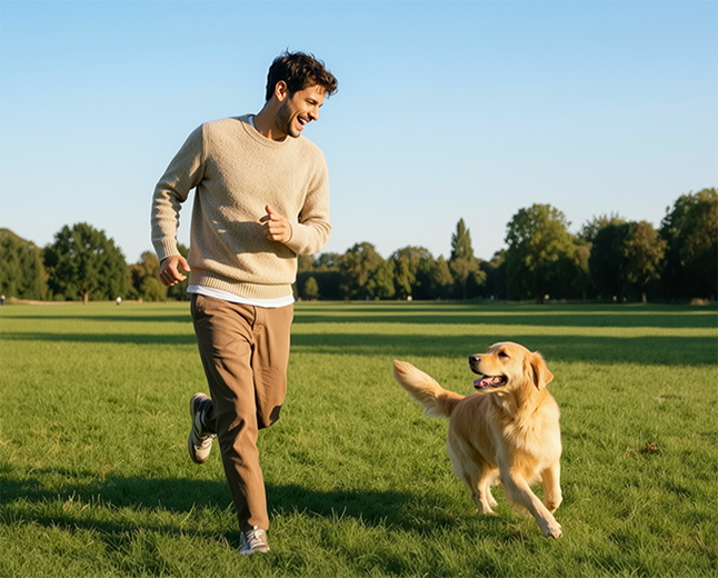 Mann, der bei einem entspannten Spaziergang in einem sonnigen Park mit einem golden retriever spielt	