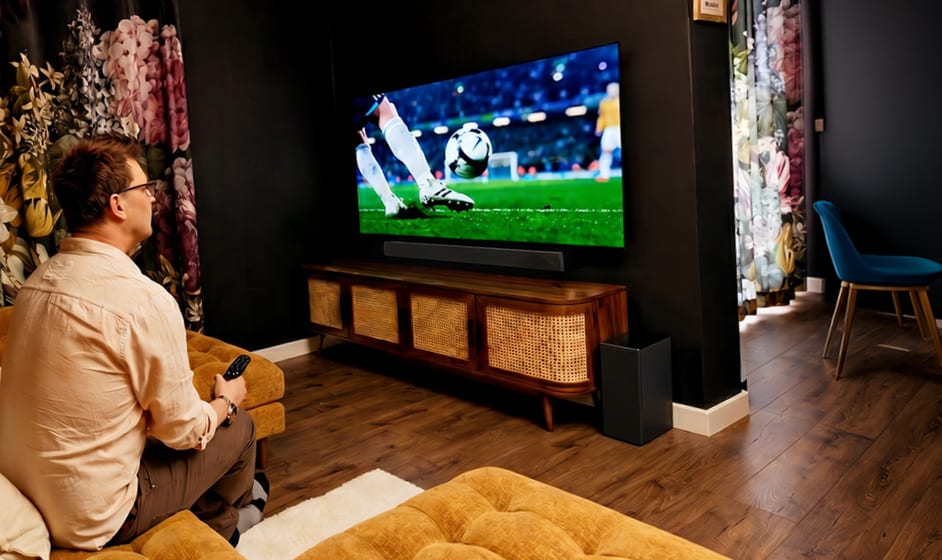 Mann sieht ein Fußballspiel im Wohnzimmer im Fernsehen