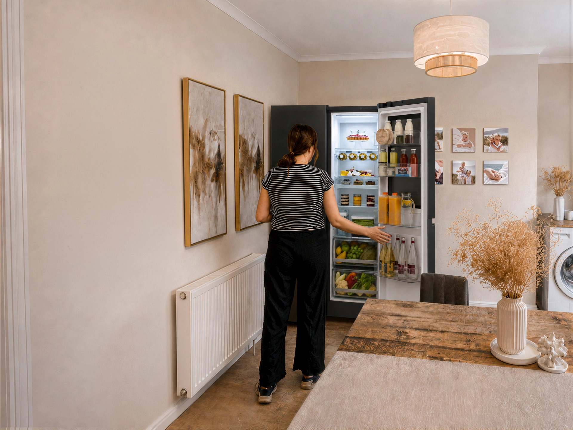 Eine Mutter öffnet einen großen Kühlschrank in einem hellen Ess- und Küchenbereich mit frischen Lebensmitteln und Einkäufen im Inneren.