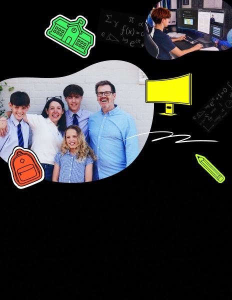 Foto einer glücklichen Familie mit Kindern in Schuluniformen und einem Schüler, der an einem Monitor lernt.