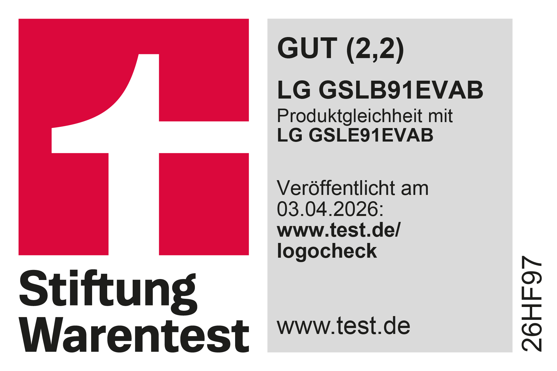 Stiftung Warentest Award Testurteil "Gut (2,2)" für LG GSLE91EVAB