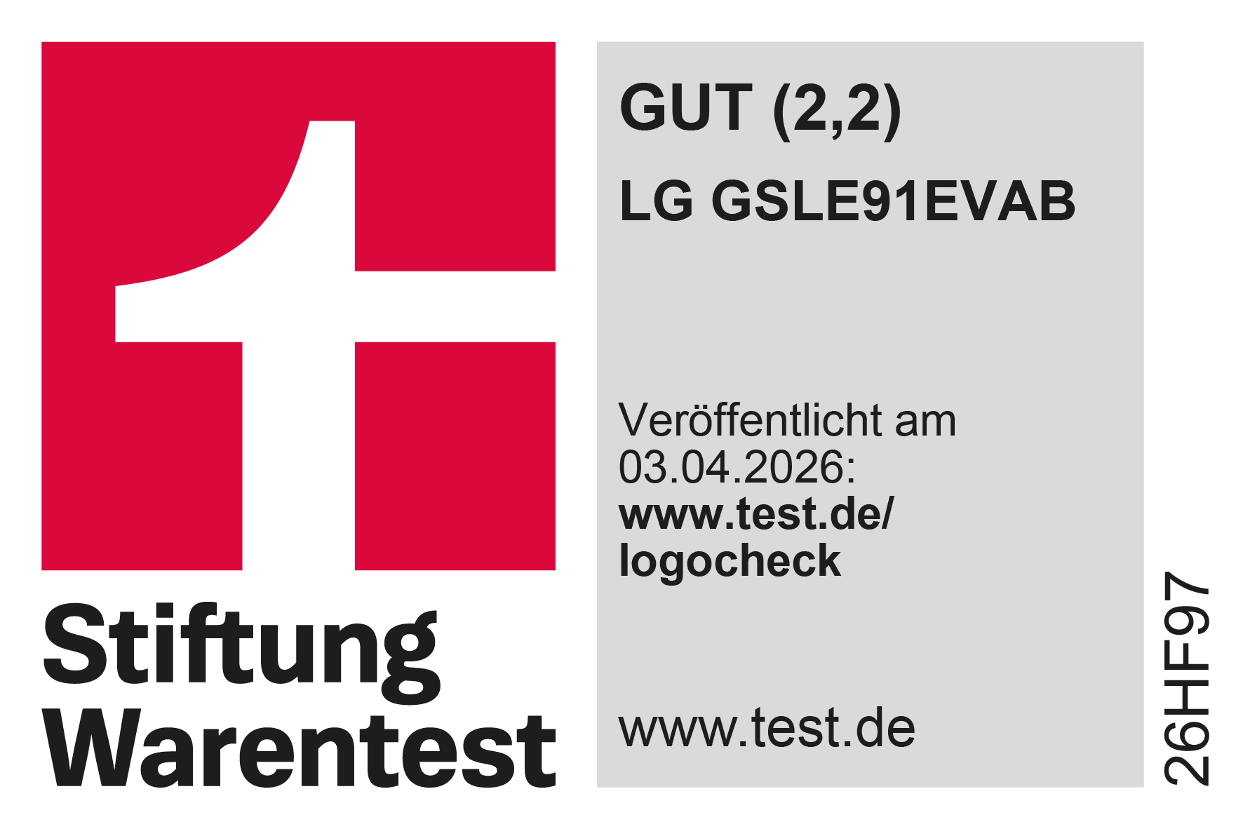 Stiftung Warentest Award Testurteil "Gut (2,2)" für LG GSLE91EVAB