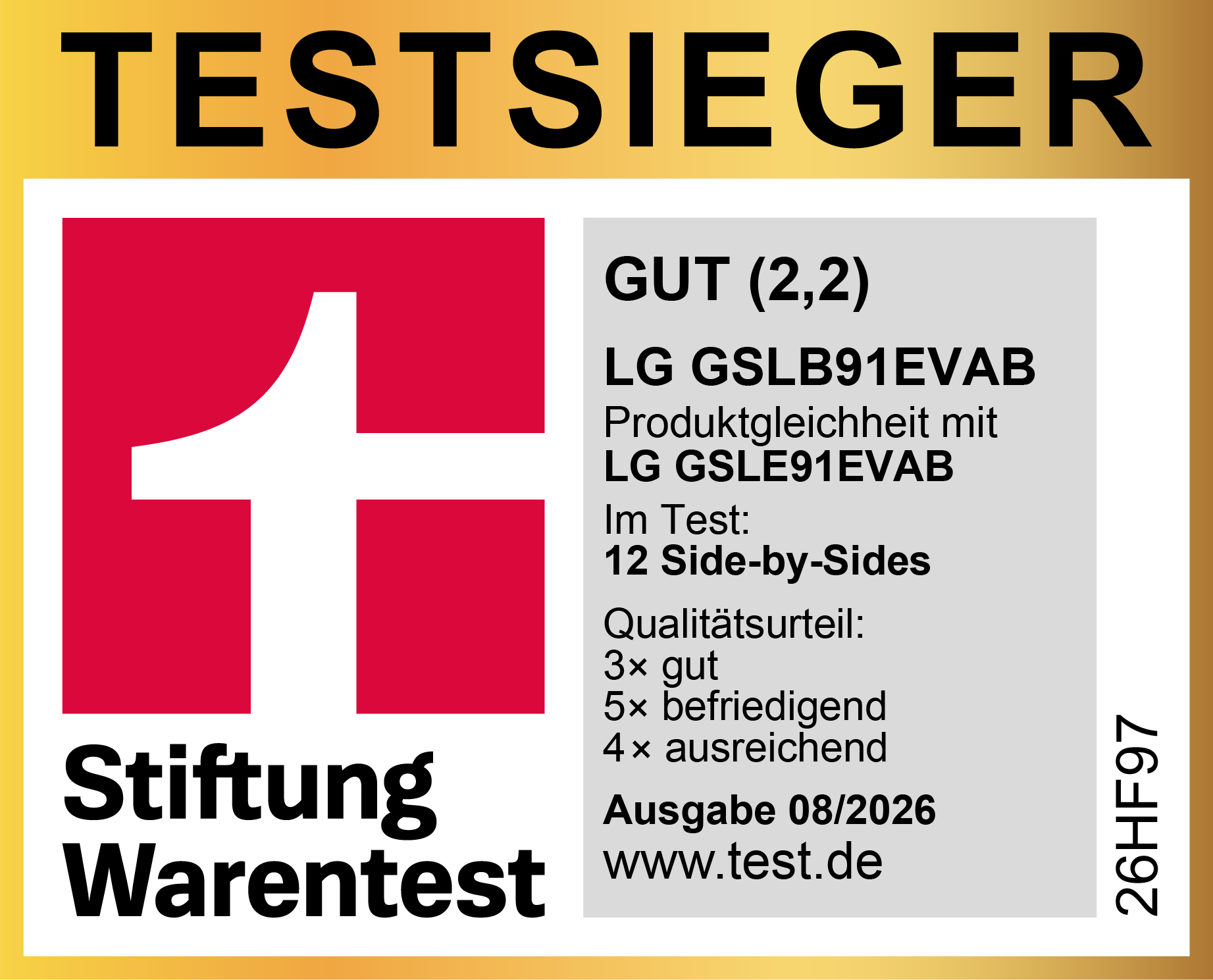 Stiftung Warentest Award Testurteil "Gut (2,2)" für LG GSLE91EVAB