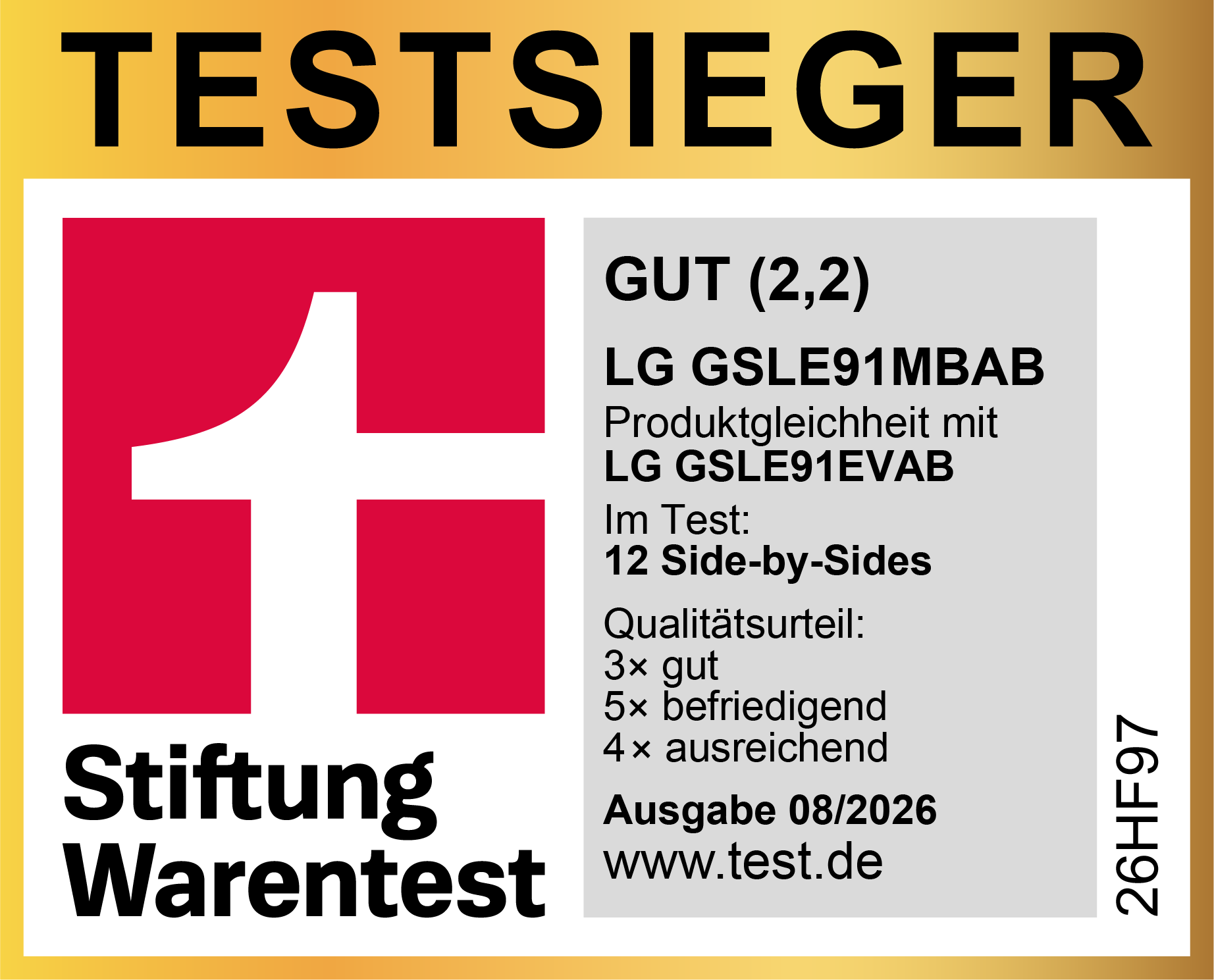 Stiftung Warentest Award Testurteil "Gut (2,2)" für LG GSLE91MBAB