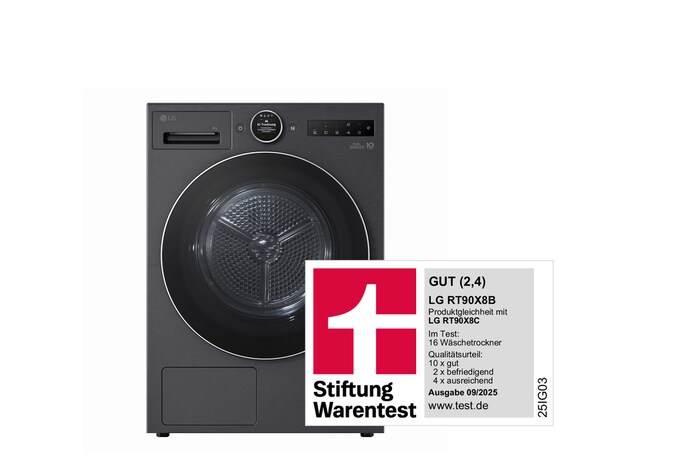 LG Trockner in Metallic Black (EEK B, 9 kg) mit AI Dry, Dual Inverter Wärmepumpentechnologie I RT90X8B, RT90X8B