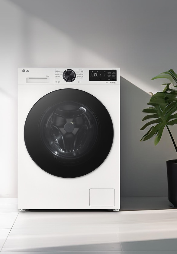 Frontlader-Waschmaschine in einem modernen Waschraum.	