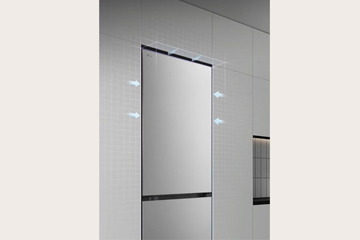 LG Unterer Gefrierschrank (GBBS726CPY) bündig in hohen Schränken mit auf die Oberseite & die vorderen Oberflächen zeigenden Pfeilen