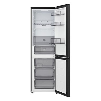 LG Unterer Gefrierschrank (GBBS726CPY) mit vollständiger Sicht auf die geöffnete Tür mit Sicht auf Kühlschrank- und Gefrierfächer