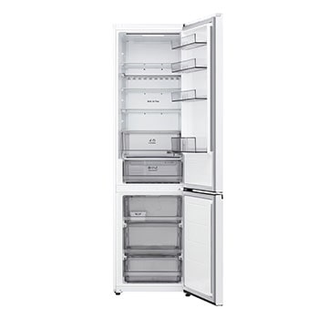 LG Unterer Gefrierschrank (GBBS726CPY) mit vollständiger Sicht auf die geöffnete Tür mit Sicht auf Kühlschrank- und Gefrierfächer
