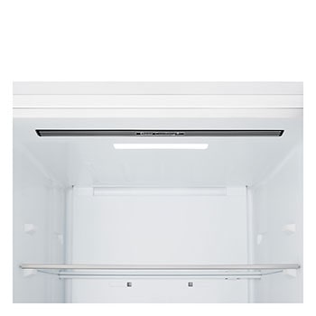 LG Unterer Gefrierschrank (GBBS726CPY) im Wohnbereich mit Blick auf die nächtliche Stadt, KI-Sparmodus-Grafik und schwankender Energietabelle