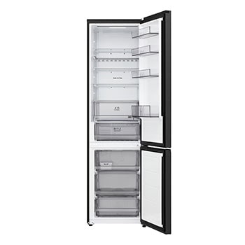LG Unterer Gefrierschrank (GBBS726CPY) mit vollständiger Sicht auf die geöffnete Tür mit Sicht auf Kühlschrank- und Gefrierfächer