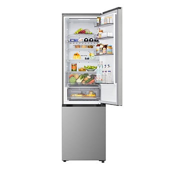 LG bottom freezer (GBBS726CPY) in living space with night city view overlaid with AI Saving Mode graphic and fluctuating energy chart