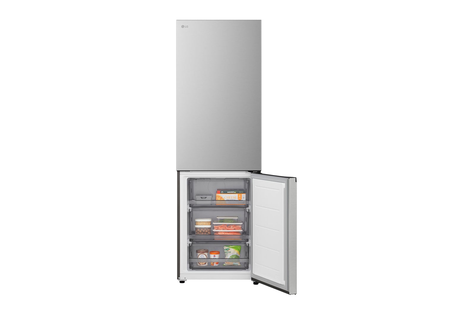 LG bottom freezer (GBBS726CPY) installed flush in tall warm beige wall with white arrows pointing to top side and front surfaces