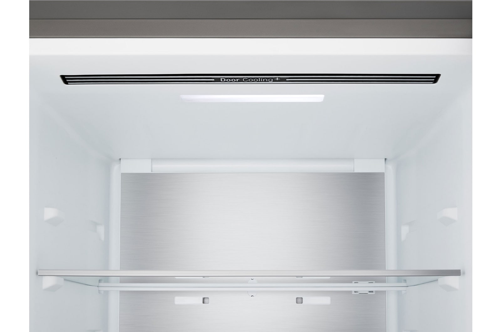 LG fridge freezer (GBBS726CPY) close up of wine rack holding four bottles and box of macarons with rack design magnified in circular image