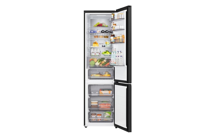 LG Unterer Gefrierschrank (GBBS726CPY) mit vollständiger Sicht auf die geöffnete Tür mit Sicht auf Kühlschrank- und Gefrierfächer