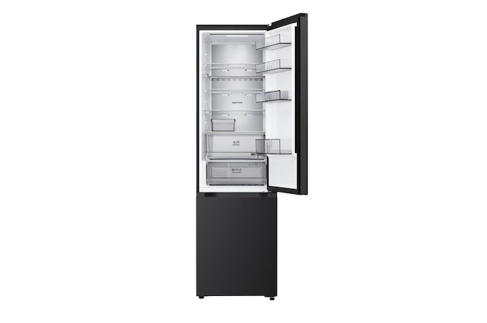 LG Kühl-/Gefrierschrank (GBBS726CPY) Draufsicht mit Kühlschrank in mattem Schwarz links und Schrankwand rechts