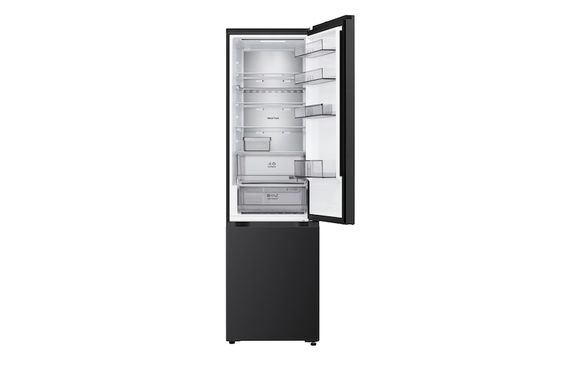 LG Kühl-/Gefrierschrank (GBBS726CPY) Draufsicht mit Kühlschrank in mattem Schwarz links und Schrankwand rechts