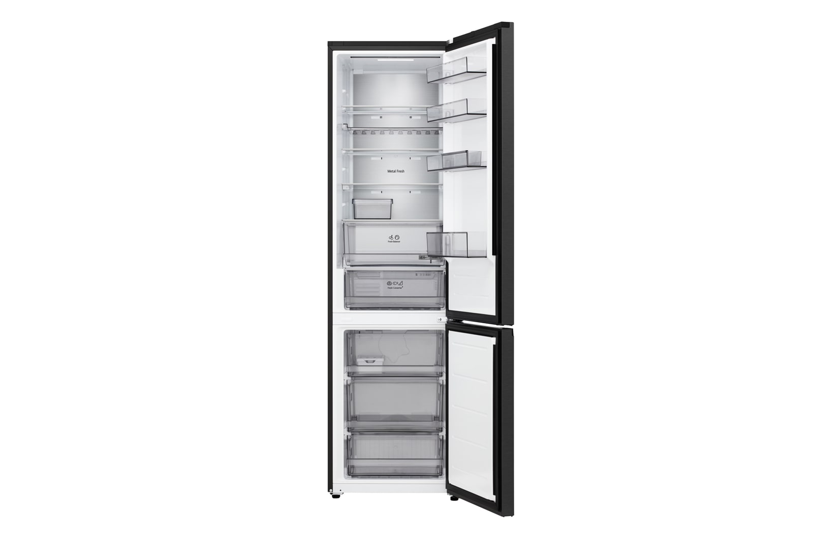 LG Unterer Gefrierschrank (GBBS524AEV) mit vollständiger Sicht auf die geöffnete Tür mit Sicht auf Kühlschrank- und Gefrierfächer