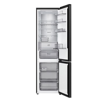 LG Unterer Gefrierschrank (GBBS524AEV) mit vollständiger Sicht auf die geöffnete Tür mit Sicht auf Kühlschrank- und Gefrierfächer