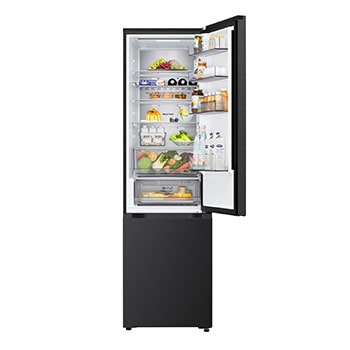 LG Kühl-/Gefrierschrank (GBBS726CPY) Draufsicht mit Kühlschrank in mattem Schwarz links und Schrankwand rechts