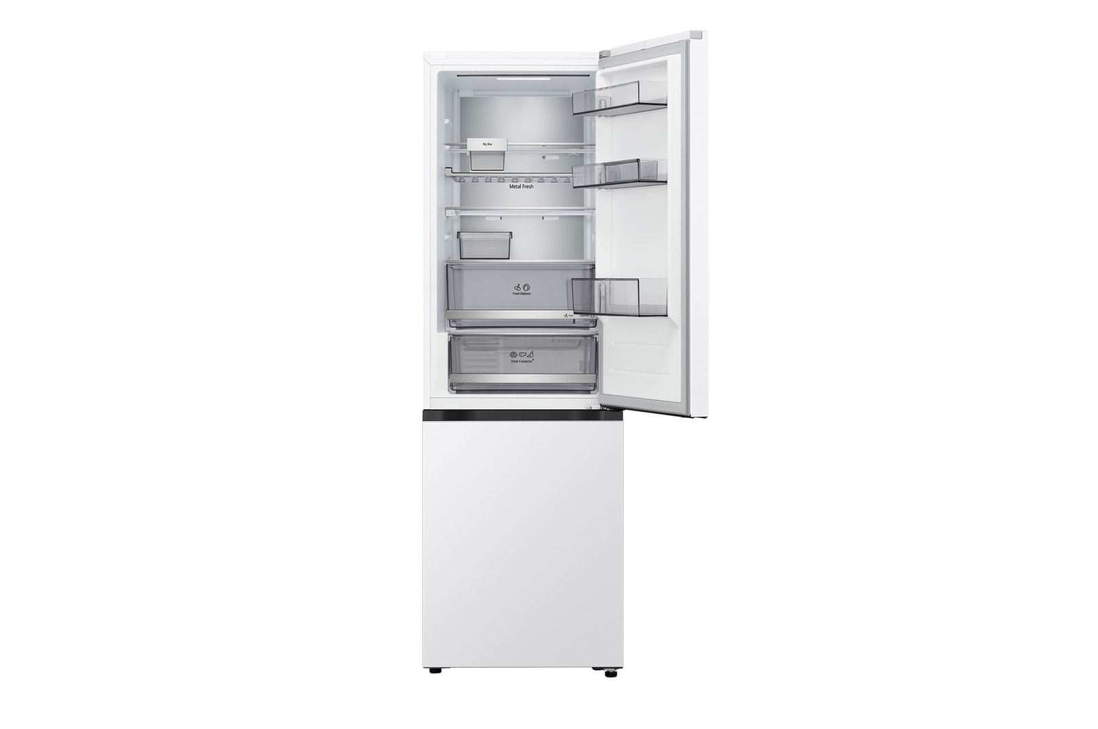 Auf der linken Seite Fleisch mit -3°C angezeigt, in der Mitte frischer Fisch mit 0°C und rechts Käse mit 2°C.