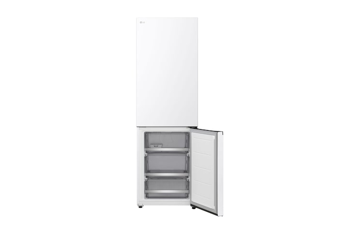 LG Unterer Gefrierschrank (GBBS726CPY) bündig installiert in hoher warmer beigefarbener Wand mit weißen Pfeilen, welche auf die Oberseite und die vorderen Oberflächen zeigen
