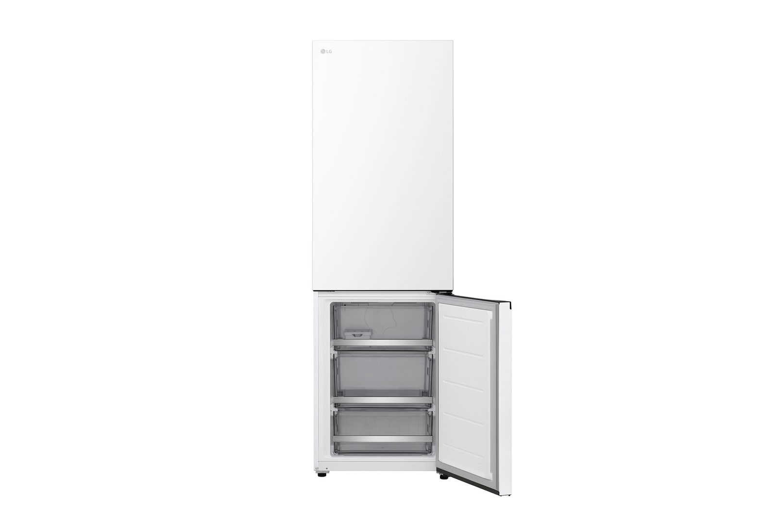 LG Unterer Gefrierschrank (GBBS726CPY) bündig installiert in hoher warmer beigefarbener Wand mit weißen Pfeilen, welche auf die Oberseite und die vorderen Oberflächen zeigen
