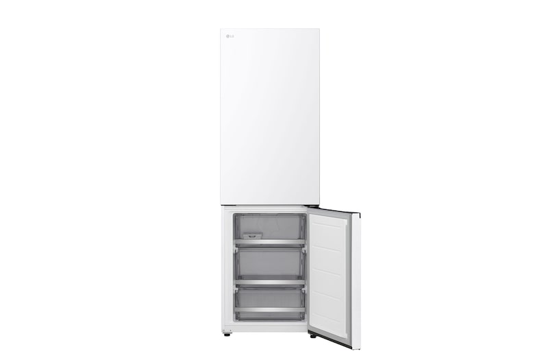 LG Unterer Gefrierschrank (GBBS726CPY) bündig installiert in hoher warmer beigefarbener Wand mit weißen Pfeilen, welche auf die Oberseite und die vorderen Oberflächen zeigen