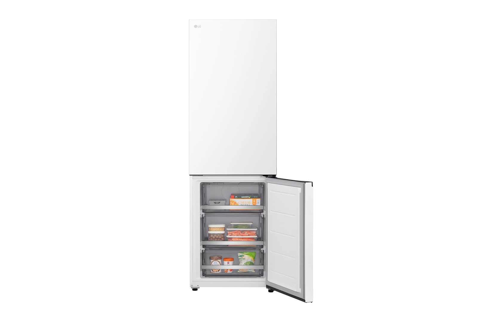 Nahaufnahme des LG Kühl-/Gefrierschrank (GBBS726CPY) Weinregals mit vier Flaschen und einer Schachtel Macarons mit im kreisförmigen Bild vergrößertem Gestelldesign