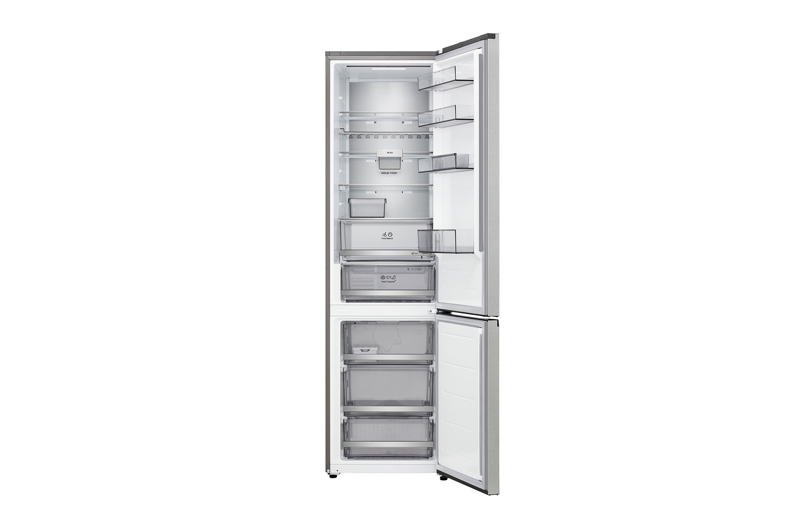 LG bottom freezer (GBBS726CPY) full door open view showing fridge and freezer compartments