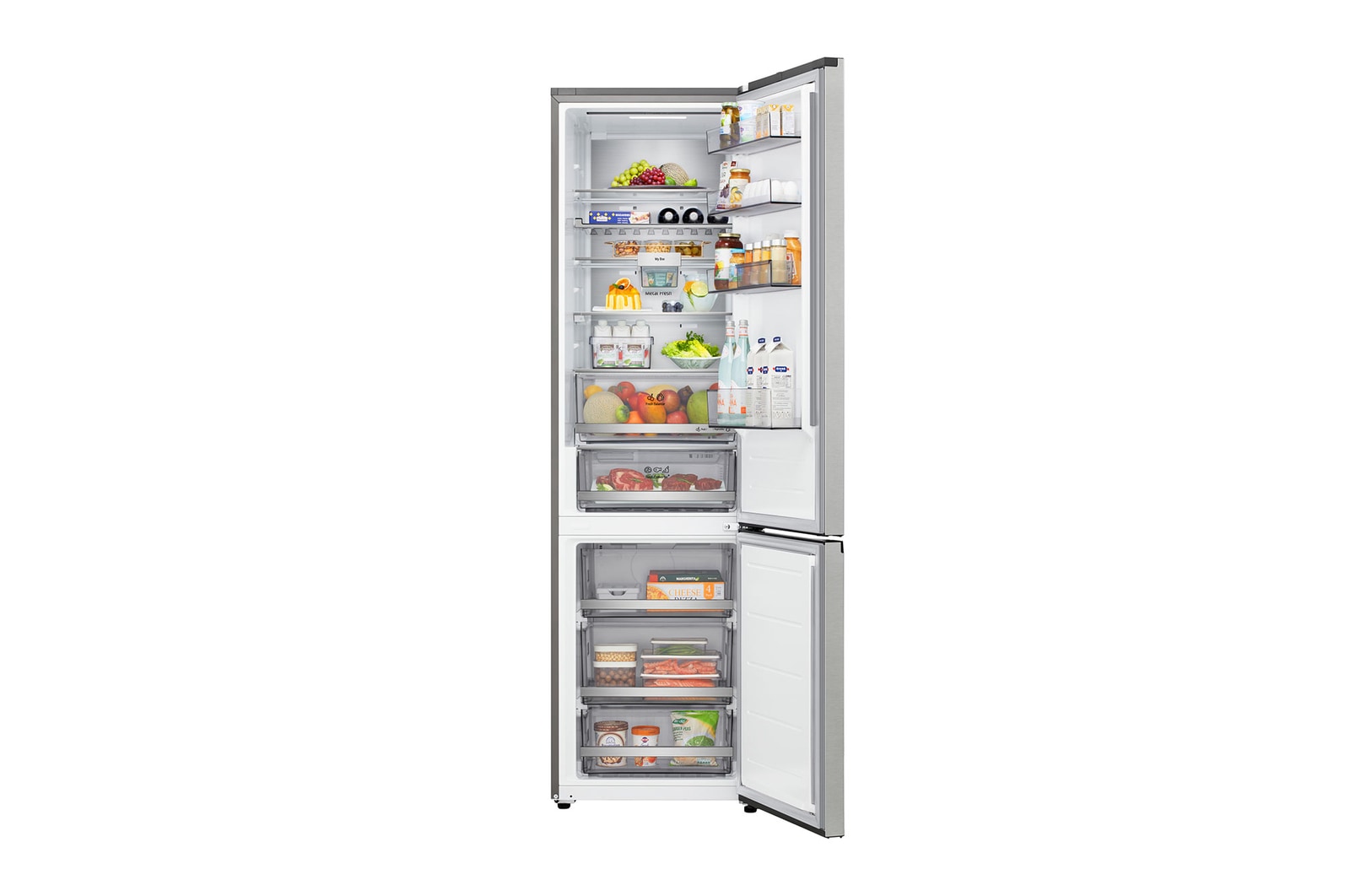 LG fridge freezer (GBBS726CPY) top view with matte black fridge on left and cabinet wall on right