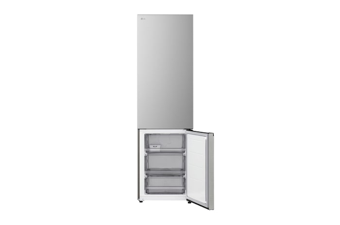 LG bottom freezer (GBBS726CPY) installed flush in tall warm beige wall with white arrows pointing to top side and front surfaces