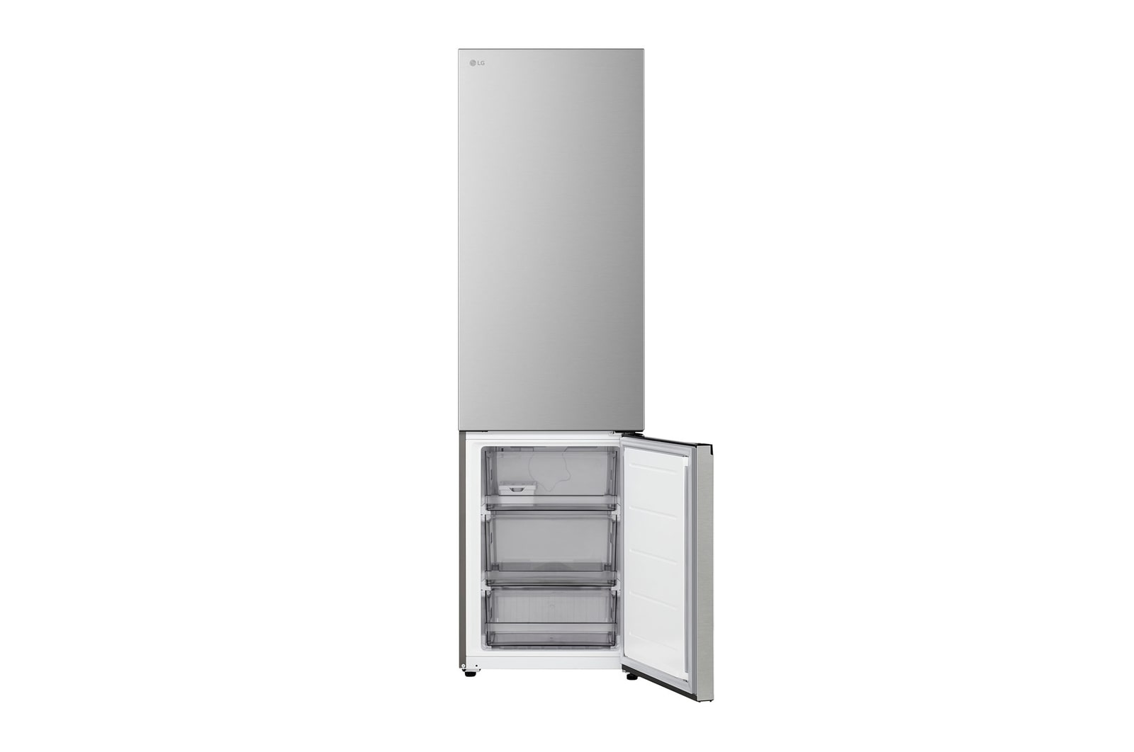 LG bottom freezer (GBBS726CPY) installed flush in tall warm beige wall with white arrows pointing to top side and front surfaces