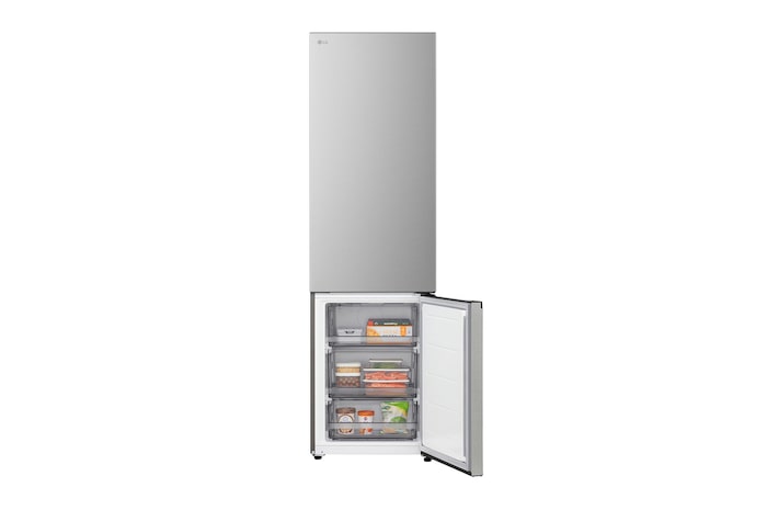 LG fridge freezer (GBBS726CPY) close up of wine rack holding four bottles and box of macarons with rack design magnified in circular image