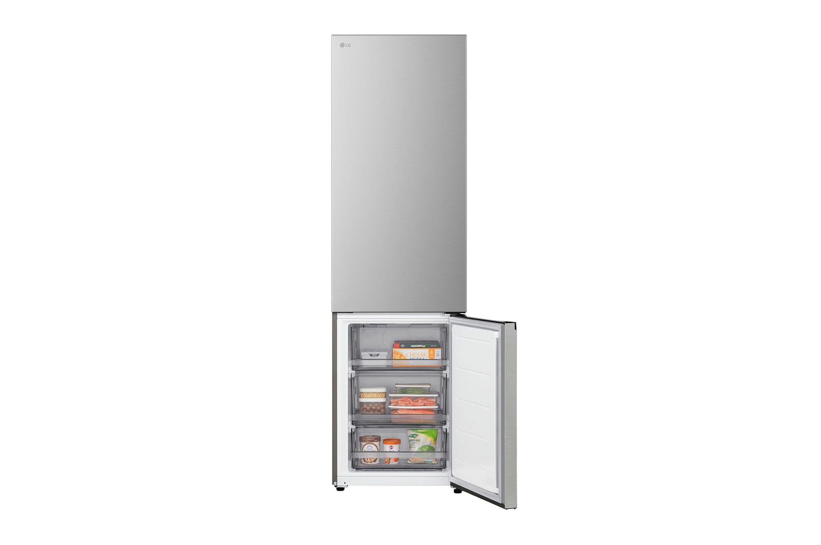 LG fridge freezer (GBBS726CPY) close up of wine rack holding four bottles and box of macarons with rack design magnified in circular image