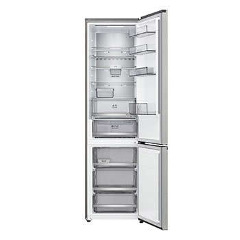 LG bottom freezer (GBBS726CPY) full door open view showing fridge and freezer compartments