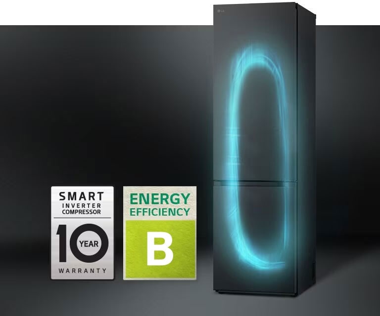 Kühlschrank mit einem hellblauen, kreisförmigen Luftstrom im Inneren und den Logos für Energieeffizienz und der Garantie.
