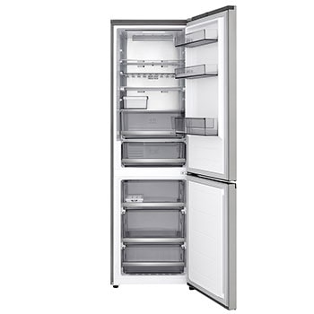 LG Unterer Gefrierschrank (GBBS726CPY) mit vollständiger Sicht auf die geöffnete Tür mit Sicht auf Kühlschrank- und Gefrierfächer