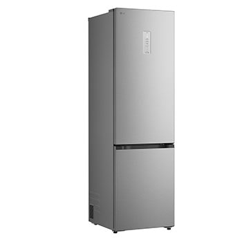 Das Regal des LG Kühl-/Gefrierschranks (GBBS726CPY) ist blau hervorgehoben und zeigt die Pfeile nach oben und unten. Abbildung rechts zeigt das gefaltete Regal mit zwei Wasserflaschen