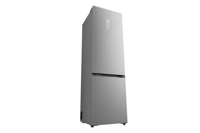 Das Regal des LG Kühl-/Gefrierschranks (GBBS726CPY) ist blau hervorgehoben und zeigt die Pfeile nach oben und unten. Abbildung rechts zeigt das gefaltete Regal mit zwei Wasserflaschen