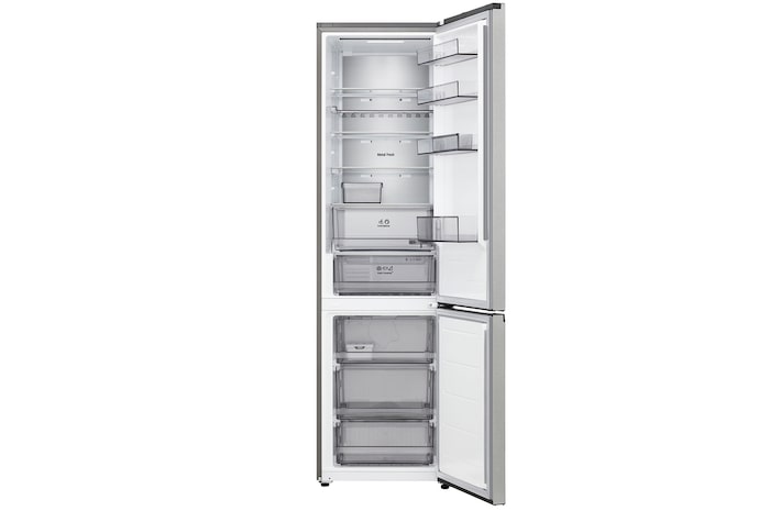 LG Unterer Gefrierschrank (GBBS726CPY) mit vollständiger Sicht auf die geöffnete Tür mit Sicht auf Kühlschrank- und Gefrierfächer