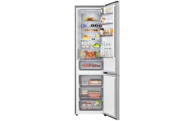LG Kühl-/Gefrierschrank (GBBS726CPY) Draufsicht mit Kühlschrank in mattem Schwarz links und Schrankwand rechts