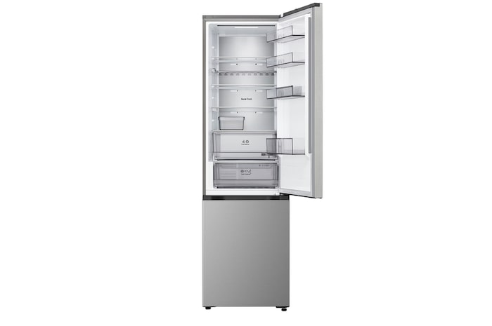 LG Unterer Gefrierschrank (GBBS726CPY) bündig installiert in hoher warmer beigefarbener Wand mit weißen Pfeilen, welche auf die Oberseite und die vorderen Oberflächen zeigen