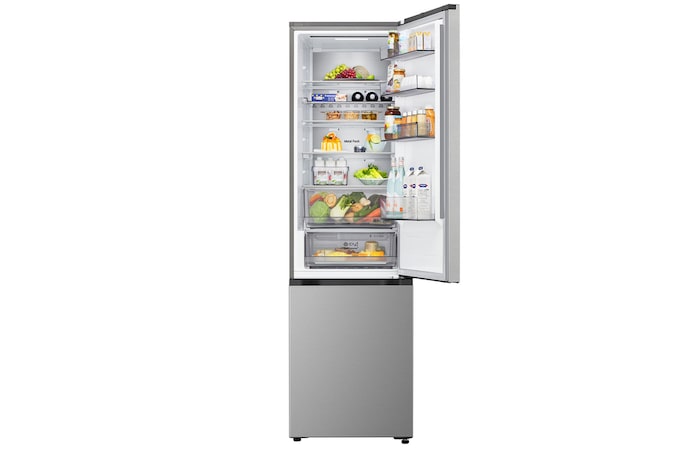 Nahaufnahme des LG Kühl-/Gefrierschrank (GBBS726CPY) Weinregals mit vier Flaschen und einer Schachtel Macarons mit im kreisförmigen Bild vergrößertem Gestelldesign