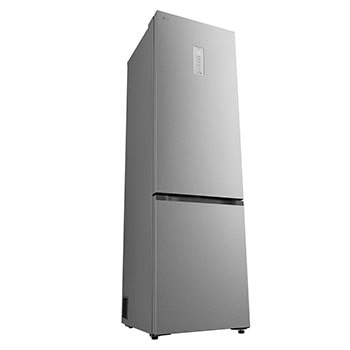 Das Regal des LG Kühl-/Gefrierschranks (GBBS726CPY) ist blau hervorgehoben und zeigt die Pfeile nach oben und unten. Abbildung rechts zeigt das gefaltete Regal mit zwei Wasserflaschen