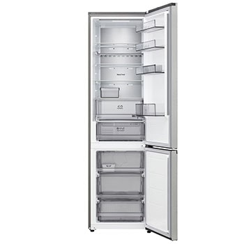 LG Unterer Gefrierschrank (GBBS726CPY) mit vollständiger Sicht auf die geöffnete Tür mit Sicht auf Kühlschrank- und Gefrierfächer