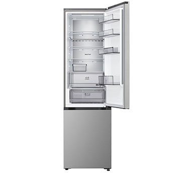 LG Unterer Gefrierschrank (GBBS726CPY) bündig installiert in hoher warmer beigefarbener Wand mit weißen Pfeilen, welche auf die Oberseite und die vorderen Oberflächen zeigen