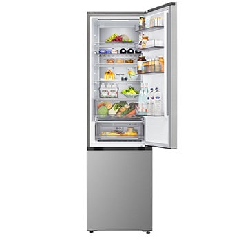 Nahaufnahme des LG Kühl-/Gefrierschrank (GBBS726CPY) Weinregals mit vier Flaschen und einer Schachtel Macarons mit im kreisförmigen Bild vergrößertem Gestelldesign