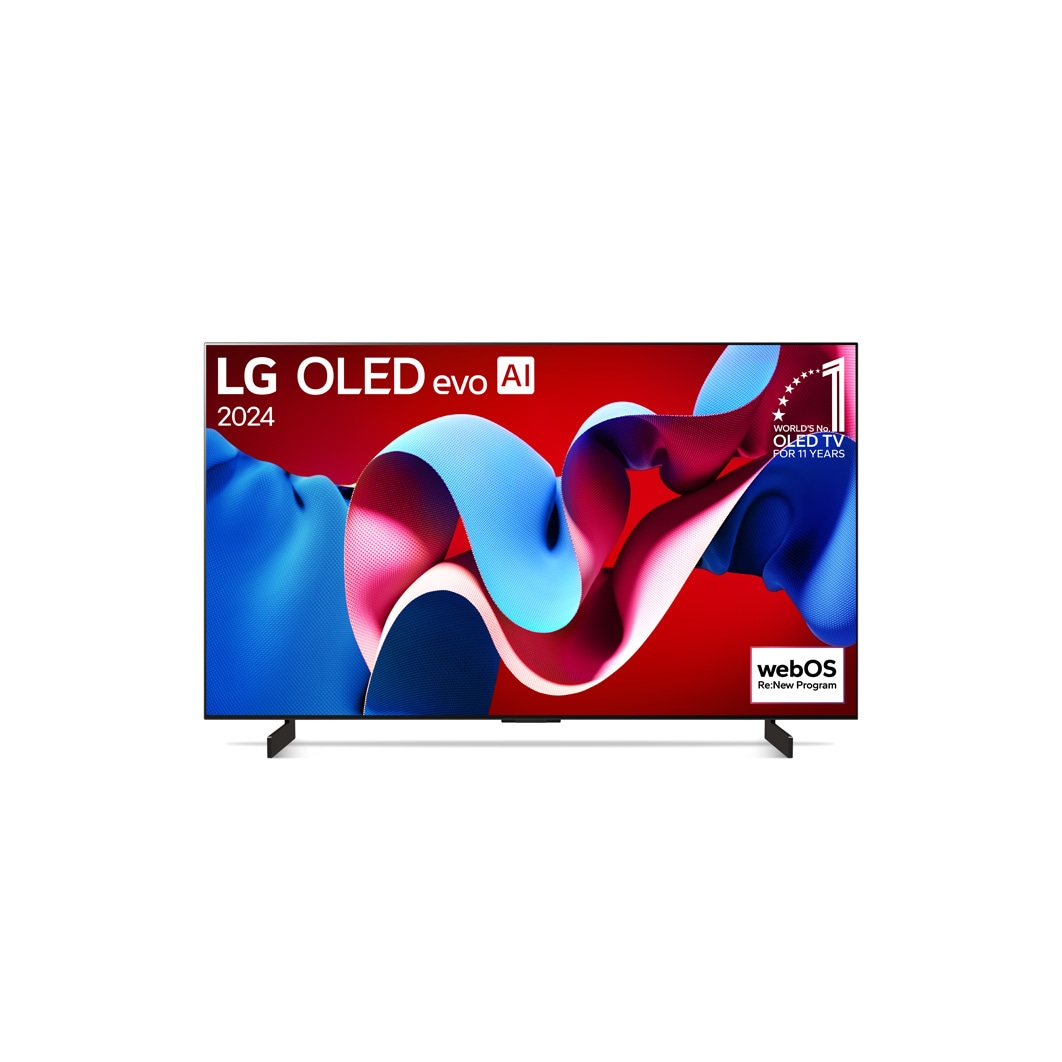 Vorderansicht mit LG OLED evo TV C4, Emblem „Bester OLED seit 11 Jahren“ und Logo „webOS Re:New-Programm“ auf dem Bildschirm
